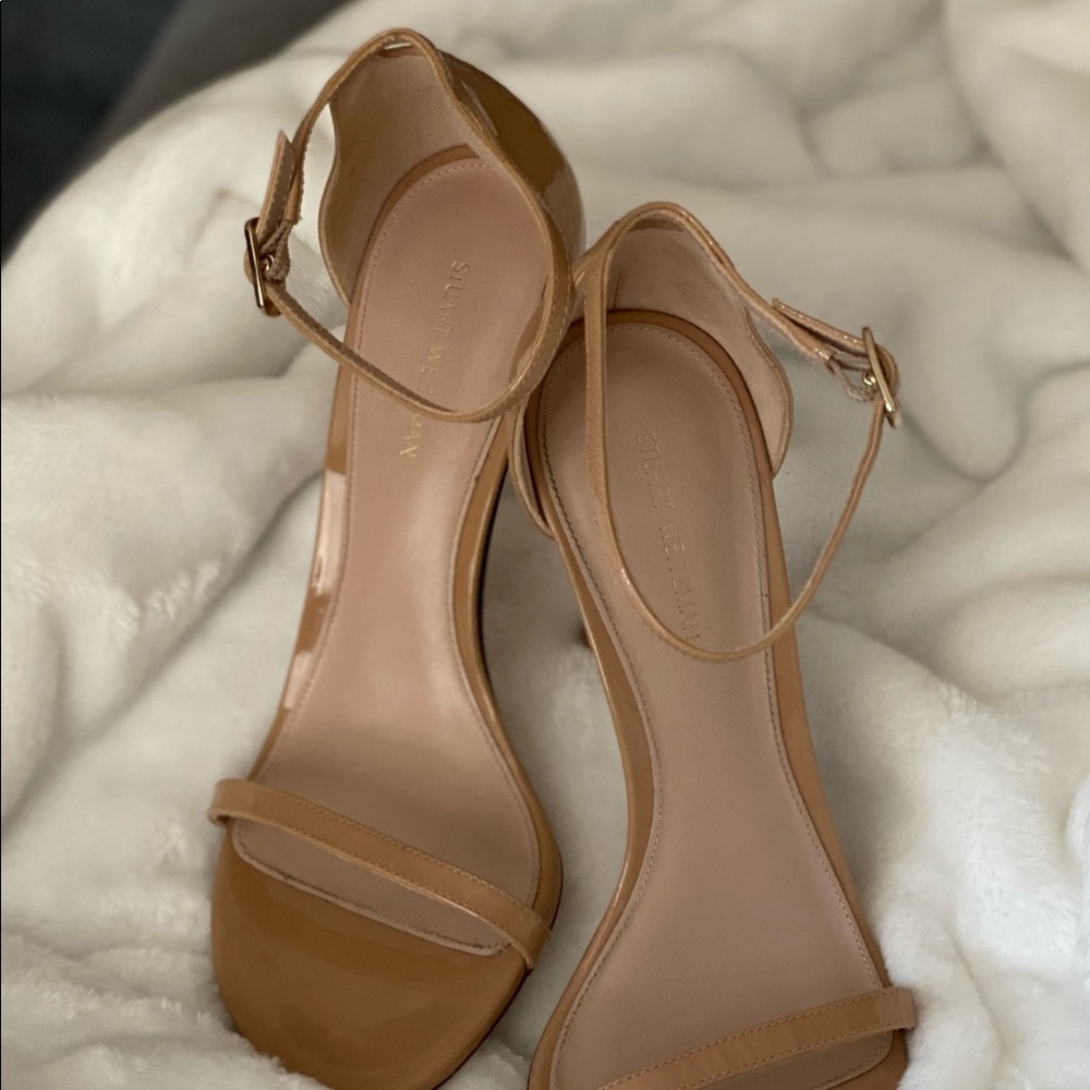 Stuart Weitzman Nudistcurve Patent Ankle-Strap Sandals